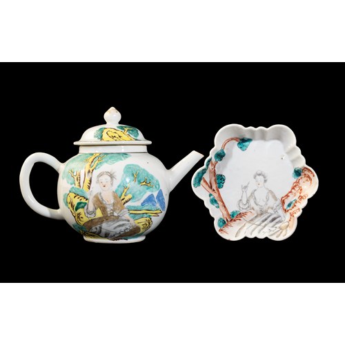 Chinese export porcelain famille rose teapot, cover and stand with European subject